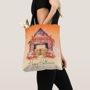 Bolsa Tote Celeiro Rosa Bonito e Abóboras Laranja Halloween