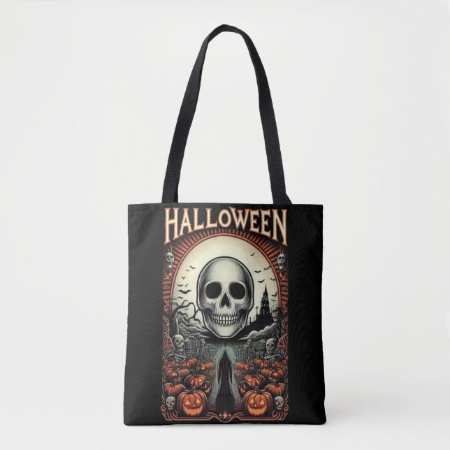 Bolsa Tote Cemitério Assombrado de Abóbora de Halloween & Crâ (Frente)
