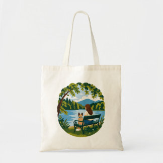 Bolsa Tote Cena de banco de lago tranquilo com Bulldog Francê