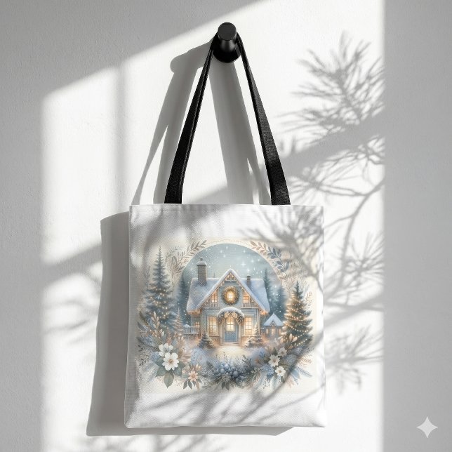 Bolsa Tote Cena de Brilho da Cabana Nevada (Snowy Cottage Glow Scene Tote Bag)