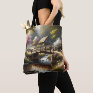 Bolsa Tote Cena de Cabana Cottagecore de Primavera na Ponte