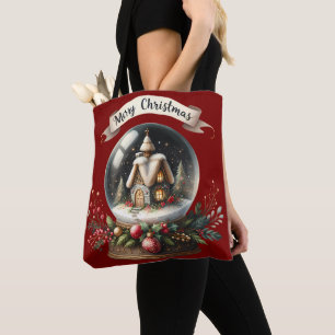 Bolsa Tote Cena de Cabana de Natal Aconchegante em Globo de N