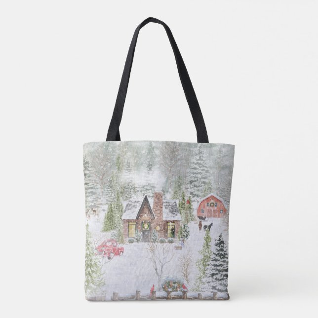 Bolsa Tote Cena de Cabina de Natal Snowy Winter (Verso)