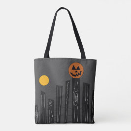 Bolsa Tote Cena de Halloween com abóbora, corvo e lua