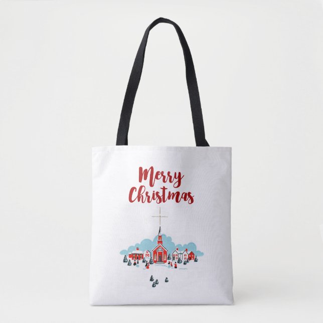Bolsa Tote Cena de inverno com Igreja Vermelha e Estrela de N (Frente)