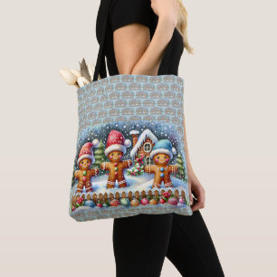 Bolsa Tote Cena de Natal com Família de Pão de Mel na Neve