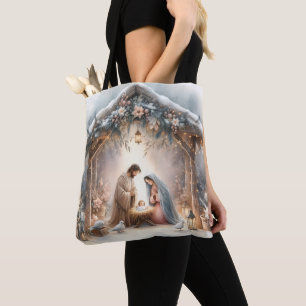 Bolsa Tote Cena de Natividade Russa com Florais de inverno