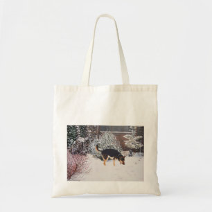 Bolsa Tote Cena de neve de inverno com preto giro e cão bronz
