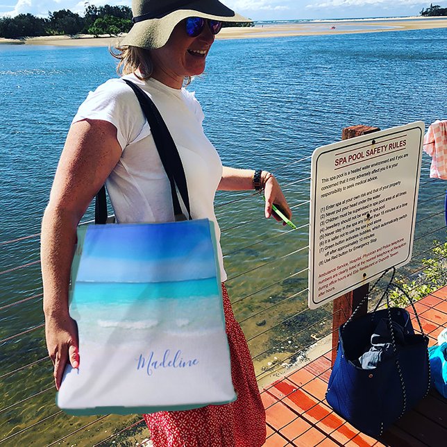 Bolsa Tote Cena de Praia da Areia do Oceano Azul Pessoal (Criador carregado)