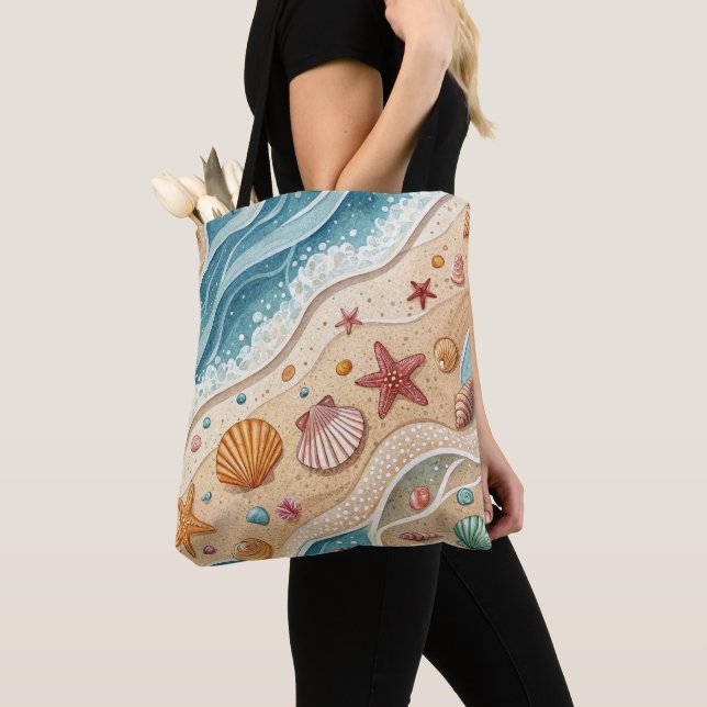 BOLSA TOTE CENA DE PRAIA DE VERÃO COM CONCHAS (Close Up)