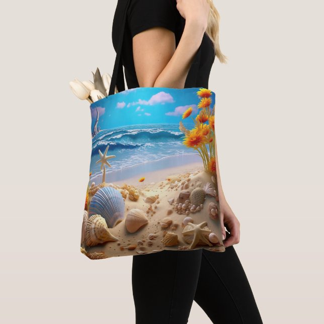 BOLSA TOTE CENA DE PRAIA TRANQUILA COM CONCHAS (Close Up)