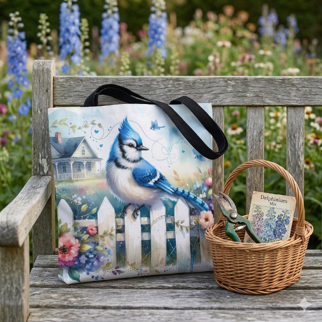 Bolsa Tote Cena do Jardim com Cerca da Casa da Pega Azul (Blue Jay Cottage Garden Fence Scene Tote Bag On Weathered Wooden Bench)