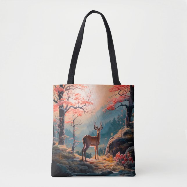 Bolsa Tote Cena Encantadora de Floresta de Cervos de Outono D (Frente)