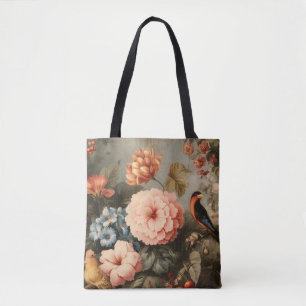 Bolsa Tote Cena Floral e de Pássaros Vintage Vibrante