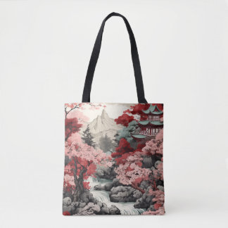 Bolsa Tote Cena Florestal do Templo Sakura Japonês Vintage
