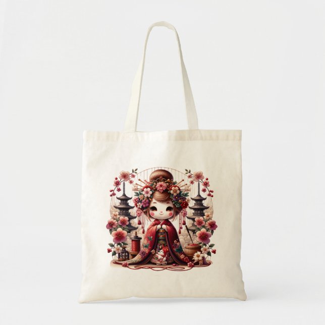 Bolsa Tote Cena Fofa de Geisha Japonesa (Frente)