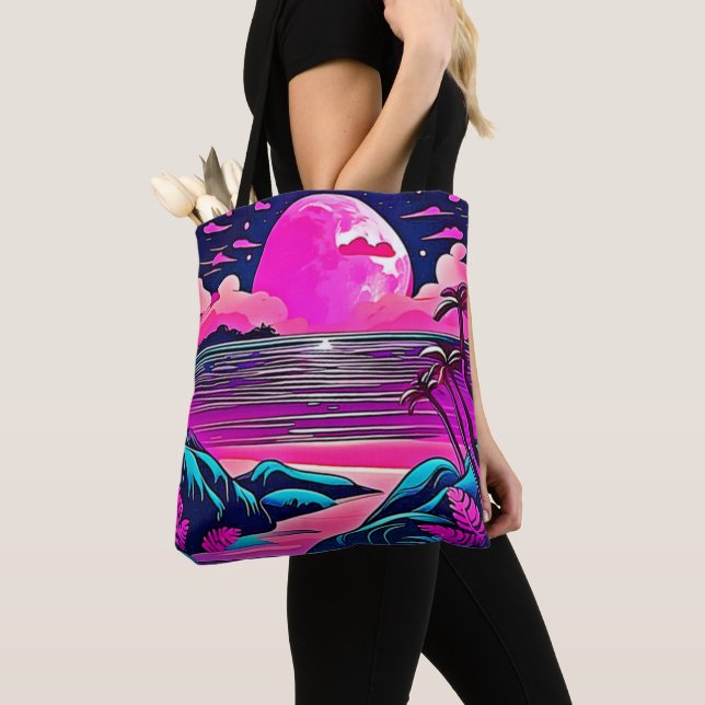 Bolsa Tote Cenário de Praia Neon Lua Rosa (Close Up)