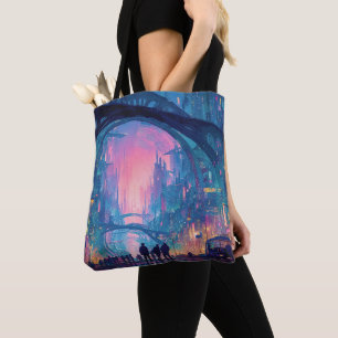 Bolsa Tote Cenário Urbano Cyberpunk Futurista com Arcos Ilumi