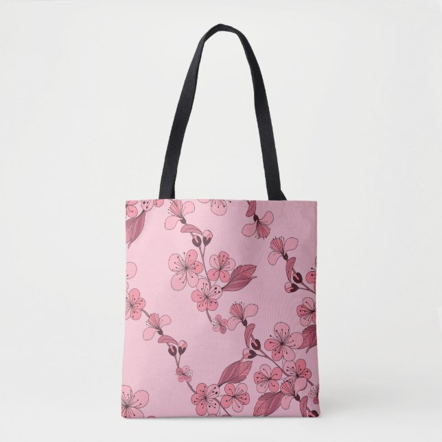 Bolsa Tote Cereja floresce de cor rosa sobre fundo branco. (Frente)