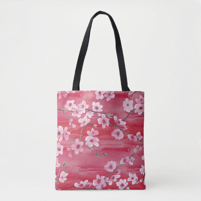 Bolsa Tote Cereja floresce, sem costura, padrão de aquarela. (Frente)