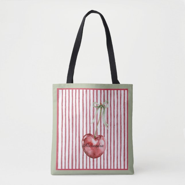Bolsa Tote Cereja Listras Vermelhas Creme Verde (Frente)