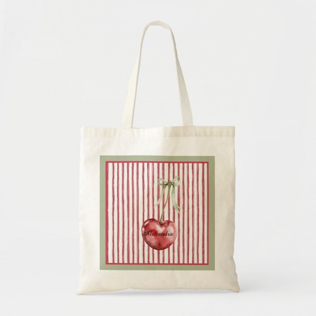 Bolsa Tote Cereja Listras Vermelhas Creme Verde (Frente)