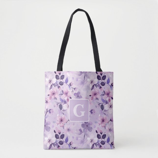 Bolsa Tote Cereja roxa floresce monograma personalizado (Frente)