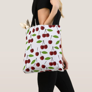 Bolsa Tote Cereja Vermelha, Padrão De Cerejas, Folhas, Fruta
