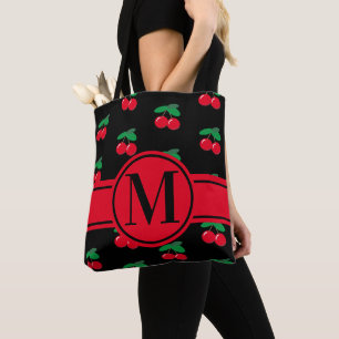 Bolsa Tote Cerejas Fruta Vermelho Padrão Monograma Preto
