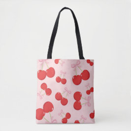 Bolsa Tote Cerejas Vermelhas com Laço Rosa Coquette Estilo Co