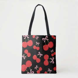 Bolsa Tote Cerejas Vermelhas com Laço Rosa Coquette Estilo Co