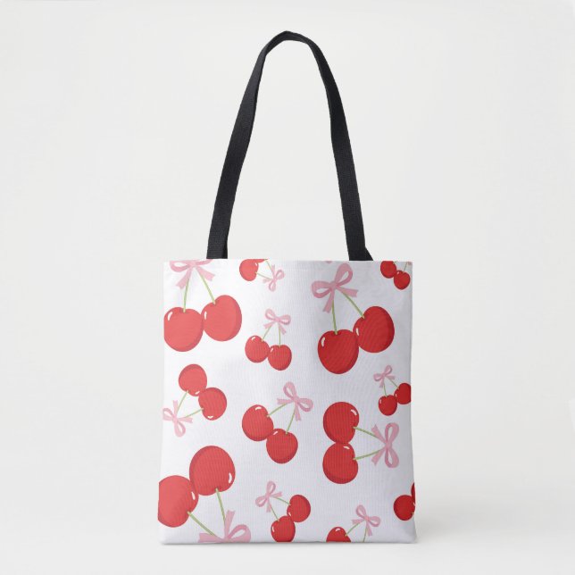 Bolsa Tote Cerejas Vermelhas com Laço Rosa Coquette Estilo Co (Frente)