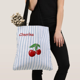 Bolsa Tote Cerejas Vermelhas em Bandas Azuis Personalizadas