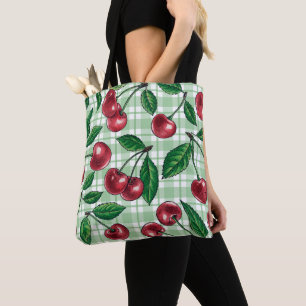 Bolsa Tote Cerejas vermelhas em gingham verde-claro