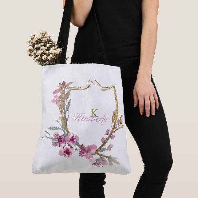 Bolsa Tote Cerejeira Rosa Blossom Floral Nome inicial Monogra (Close Up)