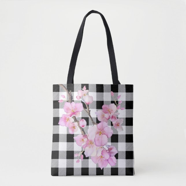 Bolsa Tote Cerejeira rosa-Elegante floresce gingham branco-pr (Frente)