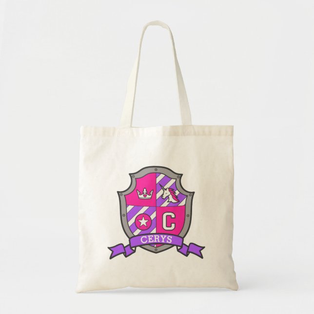 Bolsa Tote Cerys knight shield C nome biblioteca roxa rosa (Frente)