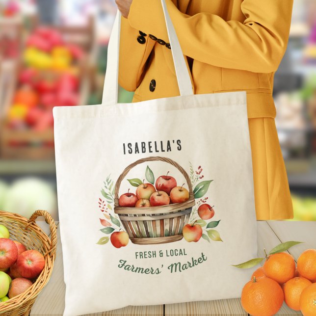 Bolsa Tote Cesta de Maçã Rústica Personalizada do Mercado de  (A personalized tote bag with Farmers' Market theme, with illustration of a basket of apples)