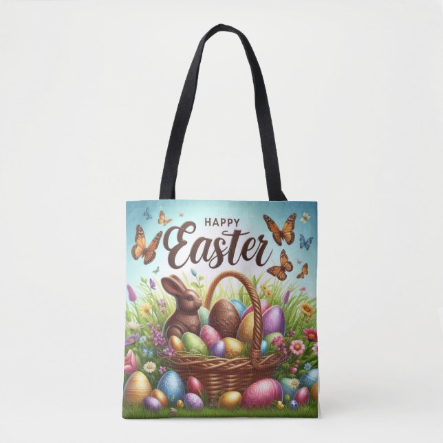 Bolsa Tote Cesto de Felz pascoa colorida com ovos (Frente)