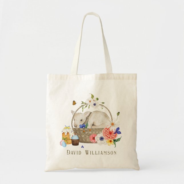 Bolsa Tote Cesto de Flores de Primavera de Cordeiro em Aquare (Frente)