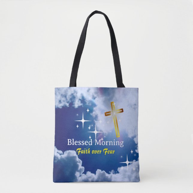 Bolsa Tote Céu azul com nuvens brancas e cruz Ouro (Frente)