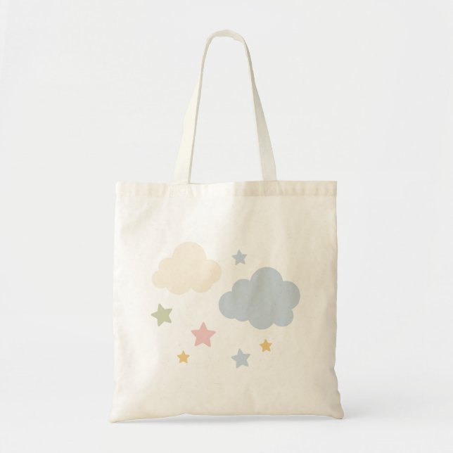 Bolsa Tote Chá de Bebê de Nuvens e Estrelas Pastéis (Frente)