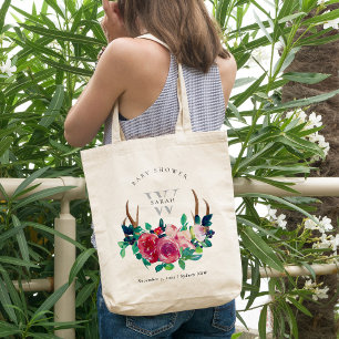 Bolsa Tote Chá de fraldas Rustic Boho Red Floral Stag Antlers