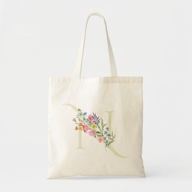 Bolsa Tote Chá de Noiva floral com monograma N de casamento d (Frente)