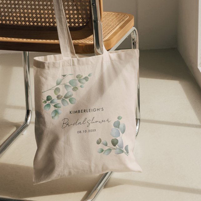 Bolsa Tote Chá de panela Eucalyptus Greenery Script (Eucalyptus Greenery Foliage Script Bridal Shower Keepsake Tote Bag)