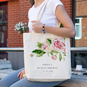 Bolsa Tote Chá de panela Floral Elegante Verde de Peonia Verd