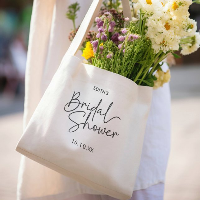 Bolsa Tote Chá de panela Manuscrito de Script Moderno (BRIDAL SHOWER TYPOGRAPHY BAG WITH ELEGANT SCRIPT AND MONOGRAM)