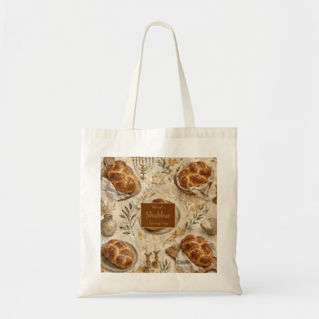 Bolsa Tote Challah Botânico, Bege Dourado, Shabbat Rústico (Frente)