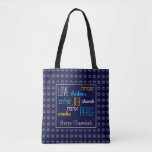 Bolsa Tote CHANUKAH Ama Joy Peace BLUE Hebraico<br><div class="desc">Saco de TOTE festivo colorido com estrela de prata falsa de David em sutil padrão de fundo. AMOR JOY PEACE incluindo traduções hebraicas são codificadas por cor. O texto é personalizável para o caso de você desejar mudar alguma coisa. FELIZ CHANUKAH também é personalizável. Parte da Coleção HANUKKAH</div>