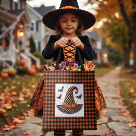 Bolsa Tote Chapéu de Bruxa de Halloween em Xadrez Laranja e P